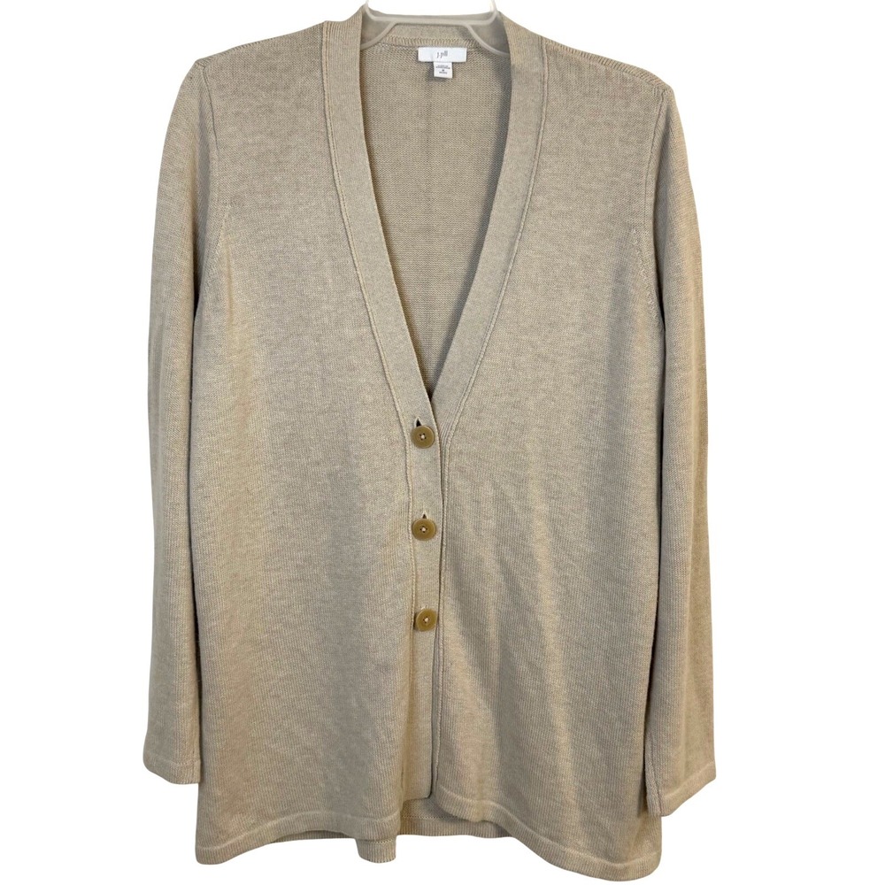 J Jill Beige Cardigan Petite Medium Knit Minimalist Capsule Quiet Luxury